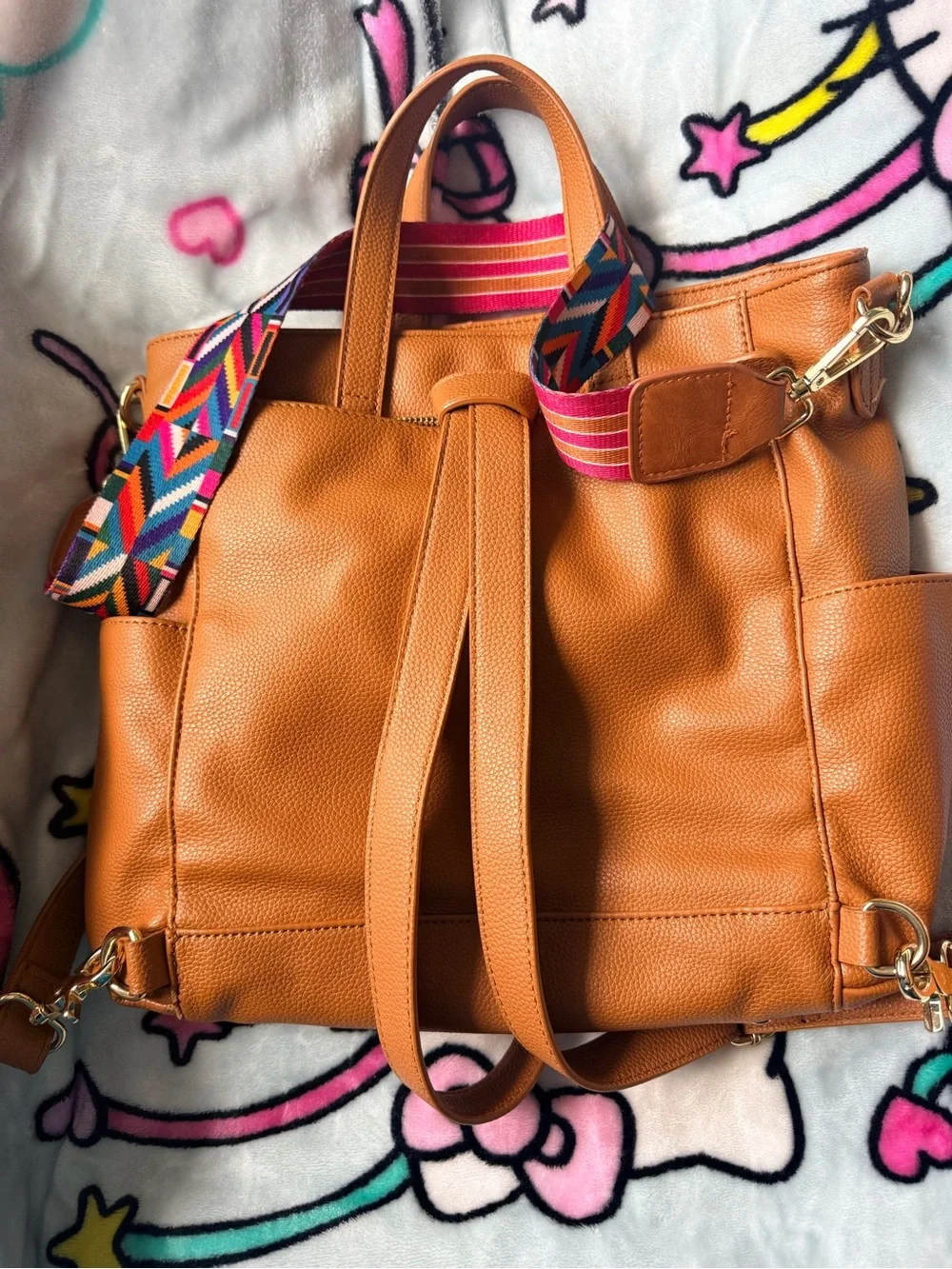 Lily & Jade Tan Leather Tote with Tassel and Colorful Strap